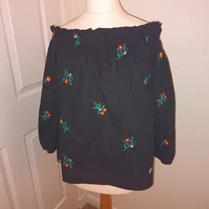 Papaya Size 14 Bardot Off Shoulder Black Top Floral Embroidery Cotton Festival - Picture 1 of 9
