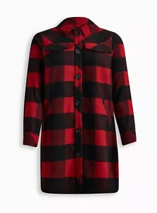 Torrid Wool Longline Buffalo Plaid Collared Shacket Red 5 5X 28 #E98215 - Picture 1 of 3
