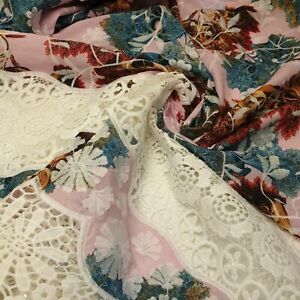 Pink 100% Cotton Lawn Floral Border Dress Broderie Anglaise Crochet Fabric 140cm