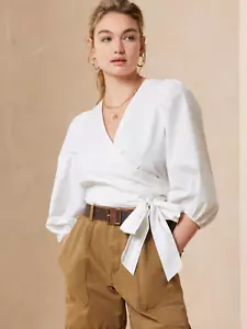 Banana Republic XSP XS PETITE Puff-Sleeve Wrap Blouse Top White Cotton Shirt NWT - Picture 1 of 3
