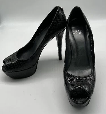 Stuart Weitzman Black Snake Embossed Double Platform Peep Toe Pumps sz 9M - Image 1 of 4