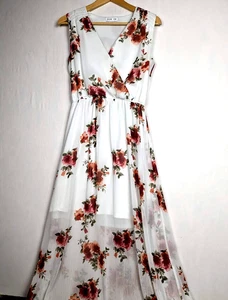 Maxi Vestido Jolie Vie Blanco Floral Sin Mangas Cuello en V Malla Superposición Talla M - Imagen 1 de 13