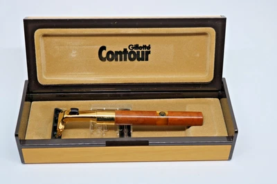 elegante rasoio GILETTE CONTOUR con scatola, manico in legno (radica mogano ?) - Immagine 1 di 4