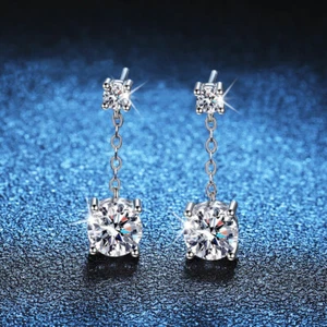 2CT Real Moissanite Tassel Women Earrings Passes Tester 925 Sterling Silver - Picture 1 of 9