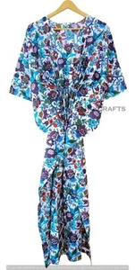 Indian Ethnic Flower Print Gown Woman Sleepwear Blue Caftan Dress Maxi Hippie - Picture 1 of 6