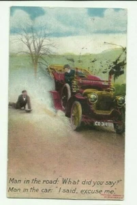 1910 comic pc,Bamforth,man in road,antique car passing,just ran over man - Picture 1 of 2