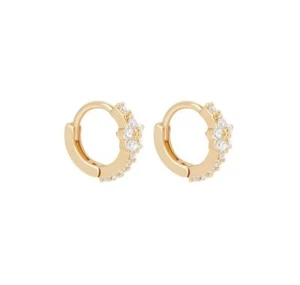 14k Yellow Gold Moissanite Flower Huggie Hoop Earrings Cartilage Helix Piercing - Picture 1 of 9