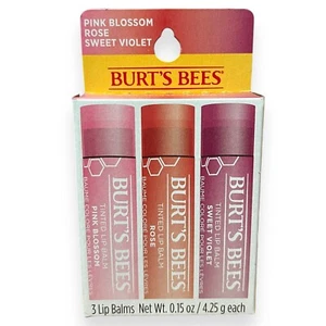 Burt's Bees Tinted Lip Balm Set of 3 Pink Blossom Rose Sweet Violet Stockings - Picture 1 of 2