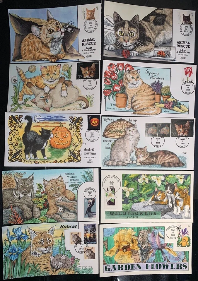 Gorgeous collection of 10  Diff CAT CACHETS Collins FDC hand painted  Perfect!!! - Image 1 of 1