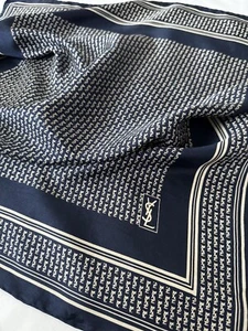 Yves Saint Laurent Dark Blue Silk Logo Scarf Hand Rolled 18” Square Vintage YSL - Picture 1 of 12