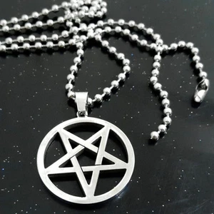 Wicca Inverted Pentagram Stainless steel silver pendant and ball chain necklace - Picture 1 of 5