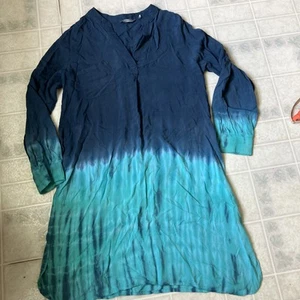 Soft Surroundings Aqua Blue long Sleeve tunic Dress Sz M Tie Dye partial Button - Picture 1 of 5
