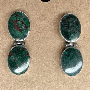 Vintage Mexican Hinged Dangle Earrings Green Chrysocolla Stone Sterling Silver - Picture 1 of 5