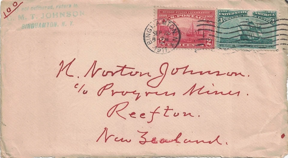 1911 Binghampton, New York Cover Front to New Zealand w 3¢ Sc. #232, 2¢ Sc. #372 - Image 1 of 1