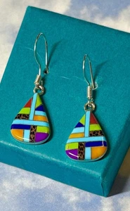 NAVAJO Sterling Silver Turquoise Coral Gaspeite Lapis Multi-stone 925 Earrings - Picture 1 of 3