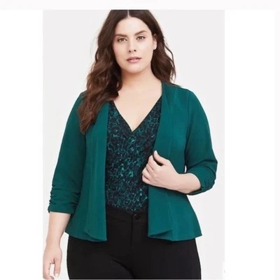 Torrid Lightweight Crepe 3/4 Ruched Sleeve Open Blazer Jacket Career Green 4X - Image 1 of 4