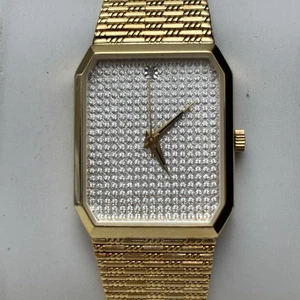 NOS Neo Vintage Benrus Rhinestone Dial Quartz Mens Watch Gold Tone Tank 1980s - Picture 1 of 10