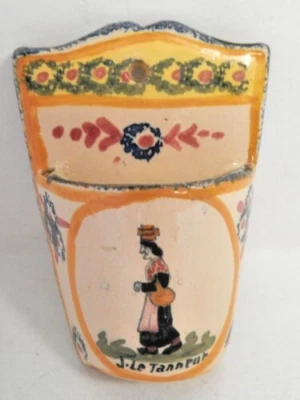 JACQUES LE TANNEUR QUIMPER 3 3/8" MATCH HOLDER WALL VASE MARKED "NED" EXC. NR - Image 1 of 4