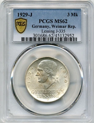 1929-J 3 Reichsmarks Germany - Weimar Republic Lessing - Cat #J-335 - PCGS MS62 - Image 1 of 3