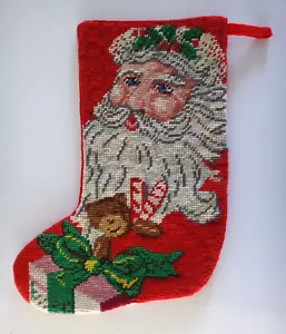 1970s VINTAGE Needlepoint Santa Claus Stocking Christmas Holiday Decoration - Picture 1 of 8