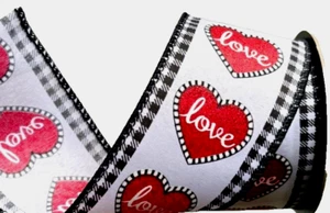 Valentine Red Hearts 2.5" by 2 yd White d. Stevens Wired Ribbon Check Edges - Picture 1 of 3