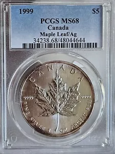 1999 1 Oz Silver Maple Leaf MS68 PCGS - Picture 1 of 3