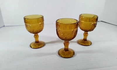 TIARA EXCLUSIVE Vintage Tiara Indiana Glass Amber Sandwich GLASS (3) CORDIAL GLASSES 4 1/8"