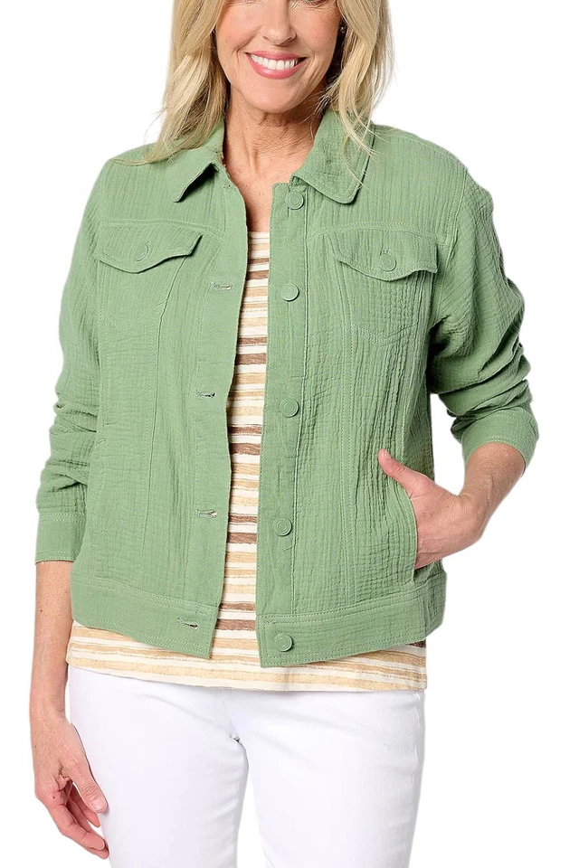 Isaac Mizrahi Live! Chaqueta de gasa de algodón Bridgehampton verde laurel Foto 1 de 1