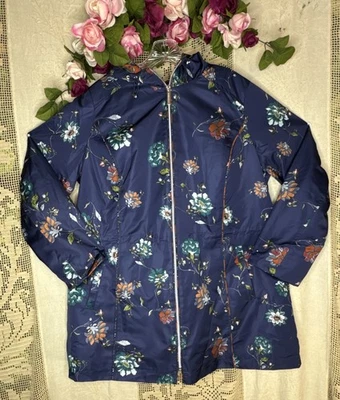 Abrigo para mujer Dennis Basso grande floral azul marino resistente al agua capucha anorak cremallera completa Foto 1 de 4