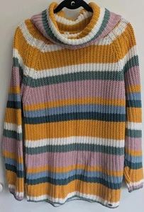 O'Neill Women's Jumper Sz 10 Multi Striped Cotton Chunky Knit Turtleneck Winter - Picture 1 of 17
