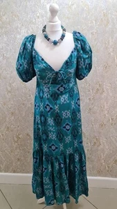 M&S teal Blue Tribal Print Puff Sleeve Maxi Dress Size Petite/matching Necklace - Picture 1 of 7