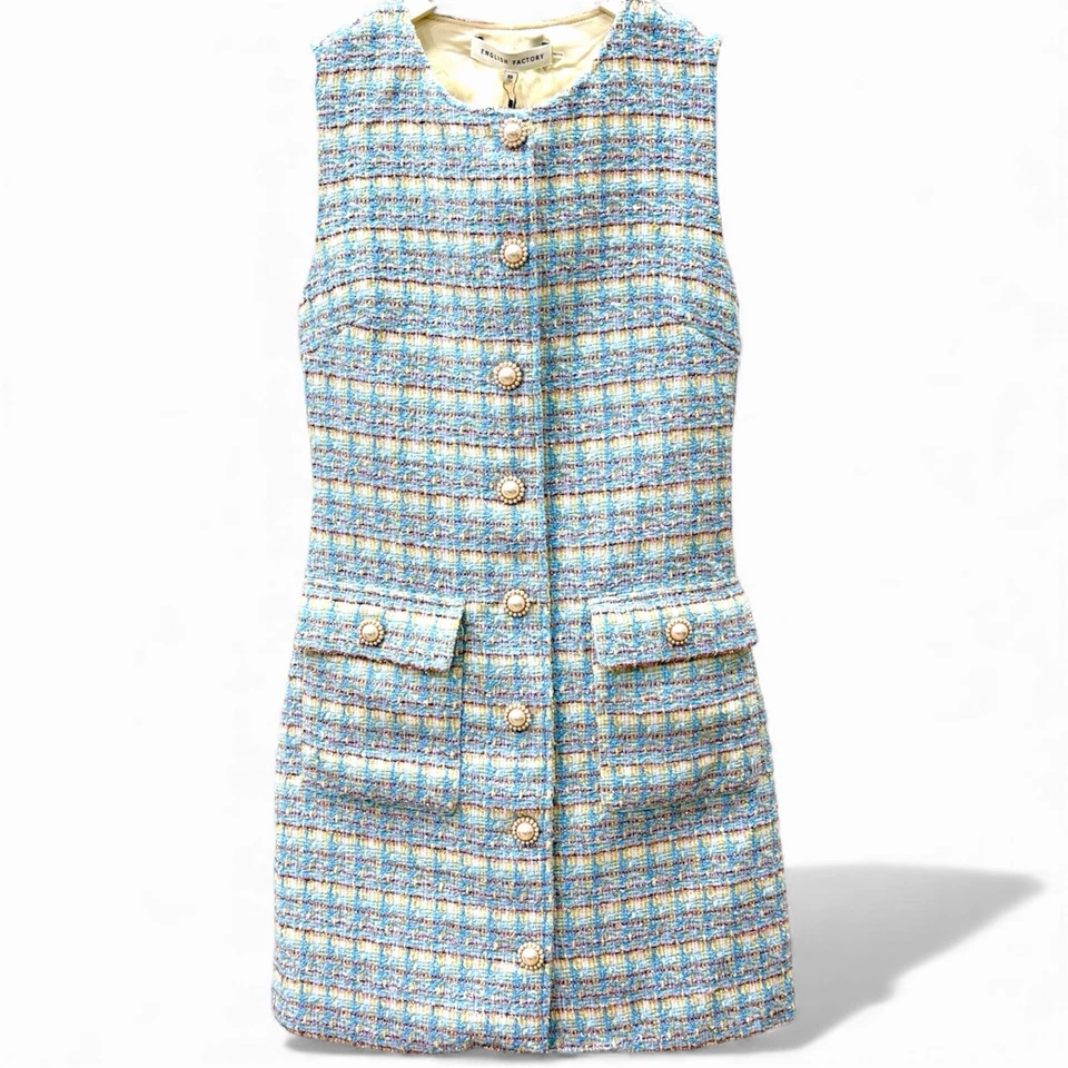 Английский заводской синий твид мини-платье жемчуг кнопки металлический без рукавов XS новый - Изображение 1 из 4