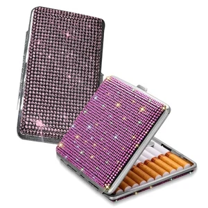 Estuche con soporte para cigarrillos abatible de metal rosa de 2 piezas caja brillante de diamante para mujer - Imagen 1 de 9