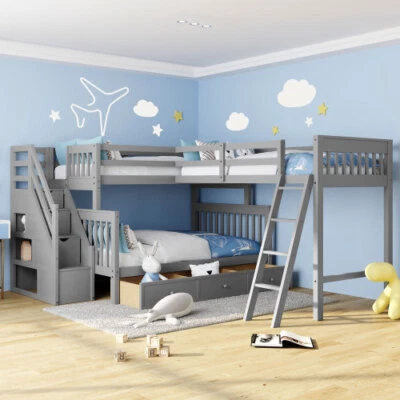 L Shaped Bunk Bed Triple Bunk Bed with 3 Drawers and Storage Stair Wood Loft Bed - Image 1 of 4