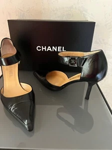  AUTHENTIC CHANEL SLINGBACK CLASSIC BLACK SHOES HIGH HEELS  38.5/8.5 - Picture 1 of 8