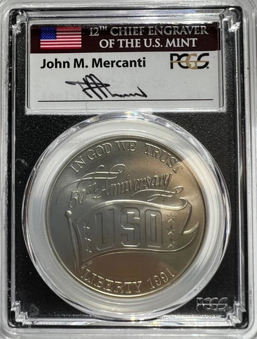 1991 D USO SILVER COMMEMORATIVE DOLLAR $1 PCGS MS70 JOHN MERCANTI SIGNED Cover