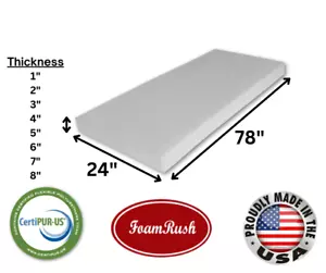 FoamRush 24" x 78" High Density Upholstery Foam Seat Cushion Medium Firm USA - Picture 1 of 13