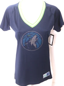 Minnesota Timberwolves Bejeweled Blue Short Sleeve Scoop V-Neck T Shirt Womens S - Picture 1 of 9