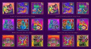 Fantasticats by Laurel Burch Black Metallic Digital Blocks Panel 24x44 - Picture 1 of 4