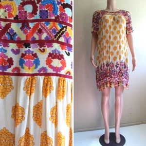 XXL XL Shift Dress Rayon Bright Ethnic Above Knee Short Sleeve Beaded Whimsy - Picture 1 of 10