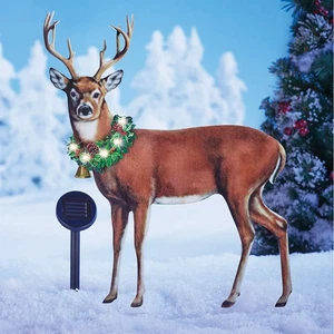 Solar Lighted Majestic Deer with Wreath Outdoor Metal Christmas Yard Stake - Picture 1 of 2