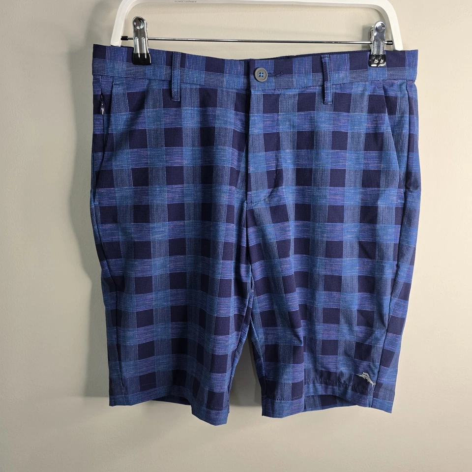 Tommy Bahama Hombres Talla 32 Azul Cuadros Plano Frontal Cremallera Lateral Bolsillo Pantalones Cortos de Verano Foto 1 de 4