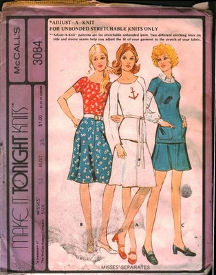 3084 McCalls SEWING Pattern Misses 1970s Top Skirt Stretch Knit OOP Sew Casual - Image 1 of 2
