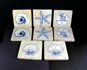 Tommy Bahama SEASHELL COASTER SET of 8 Travertine Stone Nautical Tiles Ocean - Picture 1 of 8