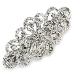 Bridal Wedding Prom Silver Tone Filigree Diamante Floral Barrette Hair Clip - Picture 1 of 6