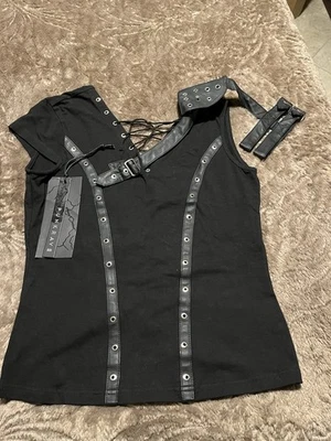 Top marca punk rave con banda para el brazo y cordones delanteros y traseros/acentos de cuero M-L Foto 1 de 4