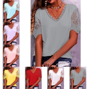 Ladies Plus Size Summer Short Sleeve T Shirt Tops Womens Plain Lace Blouse Tee - Picture 1 of 10