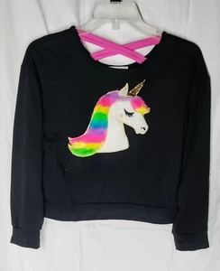 MÄDCHEN STRICK ARBEIT TOP - GROSSES PELZIGES EINHORN - GRÖSSE 16 - SCHWARZ - Bild 1 von 3