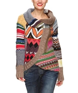 Desigual Multicolor Patchwork Geometric Knit Zip-Up Cardigan Sweater Size M - Picture 1 of 9