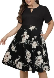 Sureple Women's Plus Size Casual Dress Short Sleeve Pleated Vintage Cocktail - Picture 1 of 6